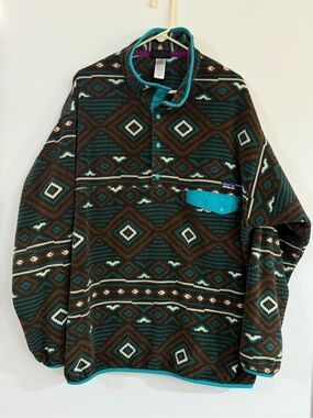 Vtg 90s Patagonia Synchilla Fleece Snap T Sweater Aztec tribal brown teal XXL